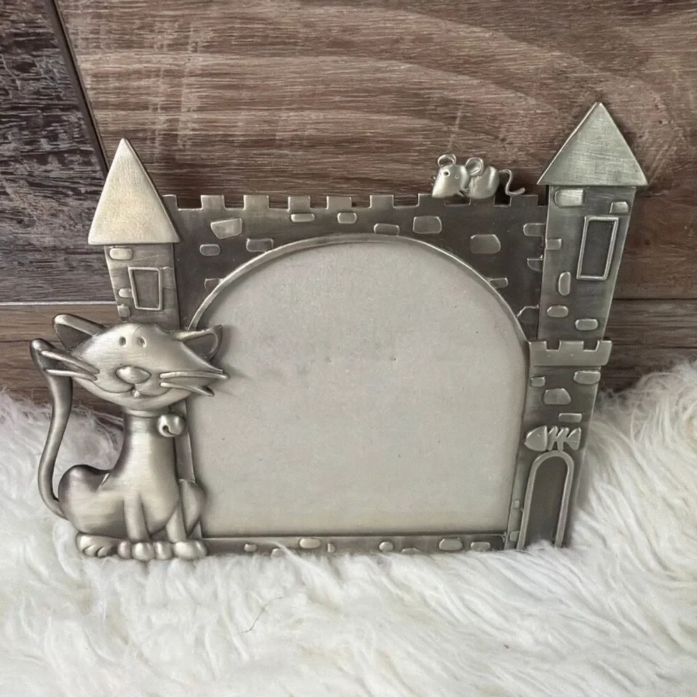 Sonoma Whimsical Kitty Cat with Castle Silvertone Metal Picture Frame 4 x 4 Phot